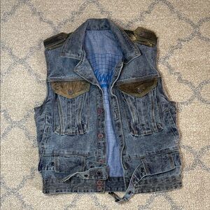 Vintage Unisex Gasoline Jeans Utility Vest with Faux Suede Accents